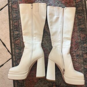 White Platform Knee-High Boots - Women's Fashion Heeled Boots